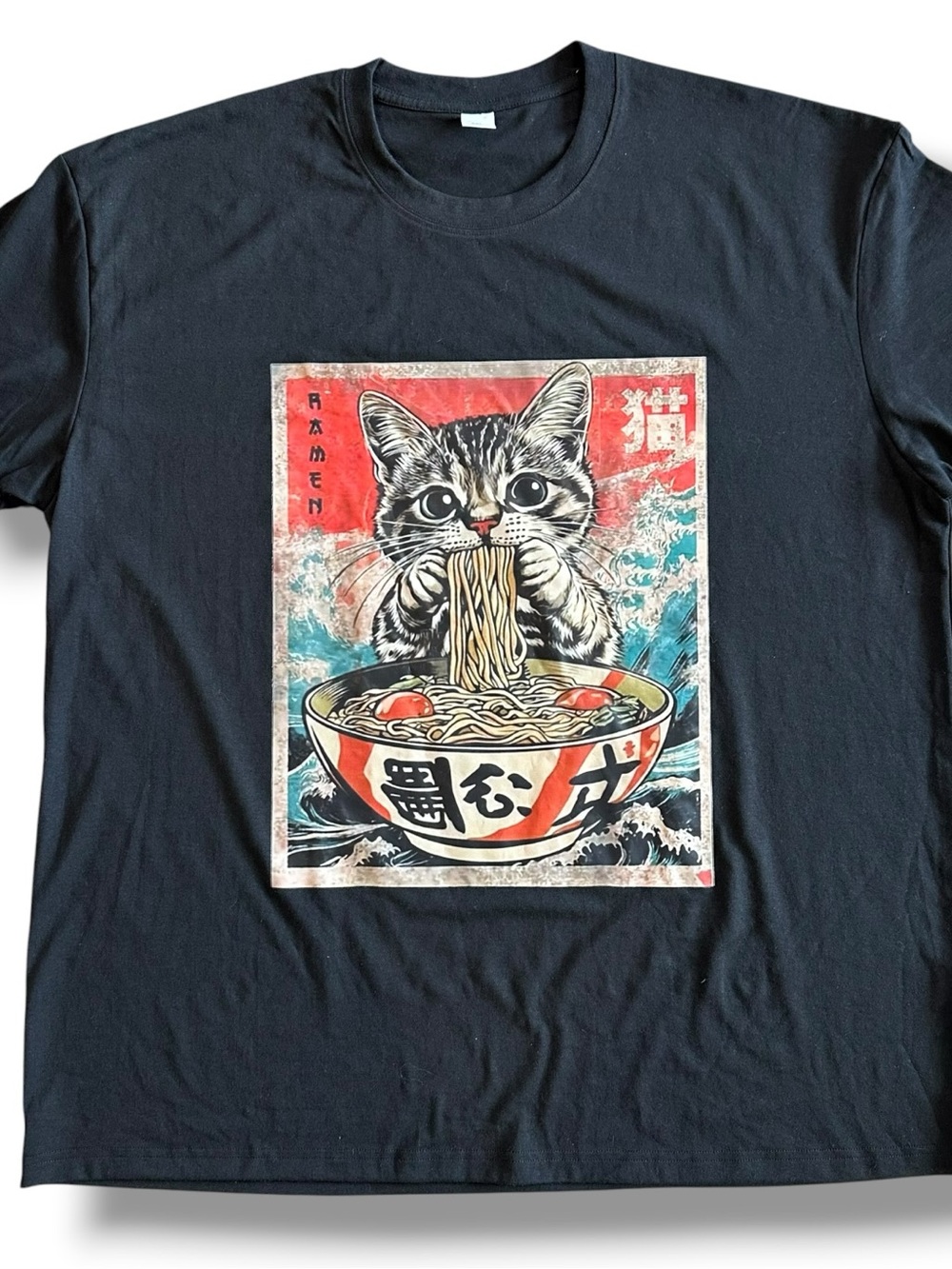 Funny Cat Tee Ramen Noodles T-shirt Kawaii Anime Manga Japanese 3X Black - Picture 2 of 6